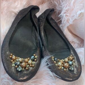 Ballerina Flats. Pearls and Gems Embellished!Bronzy Brown. Shimmery.Elastic Heel